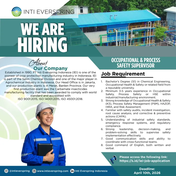 Occupational & Process Safety Supervisor Job at PT Inti Everspring Indonesia